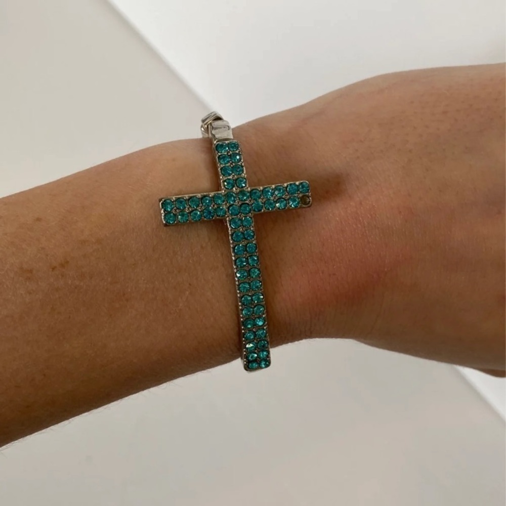 Blue Rhinestone Cross Bracelet - Picture 2 of 6